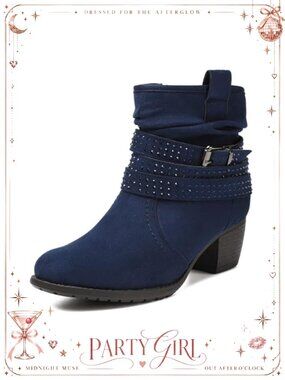 Mid Calf Boots Round Toe Comfort Low Heel Slouchy Dress Booties Buckle Strap